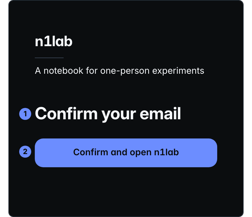 The page a sign-up email's link opens: the heading Confirm your email, and one button, Confirm and open n1lab.
