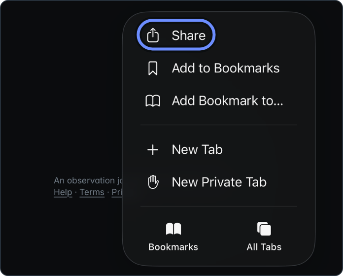 Safari's menu, with Share ringed at the top.