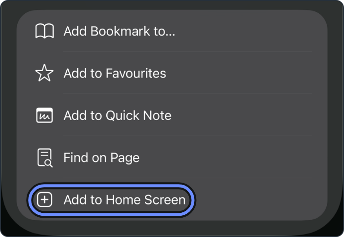 The longer list, with Add to Home Screen ringed.