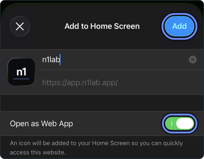 The Add to Home Screen sheet, with the switch and Add ringed.